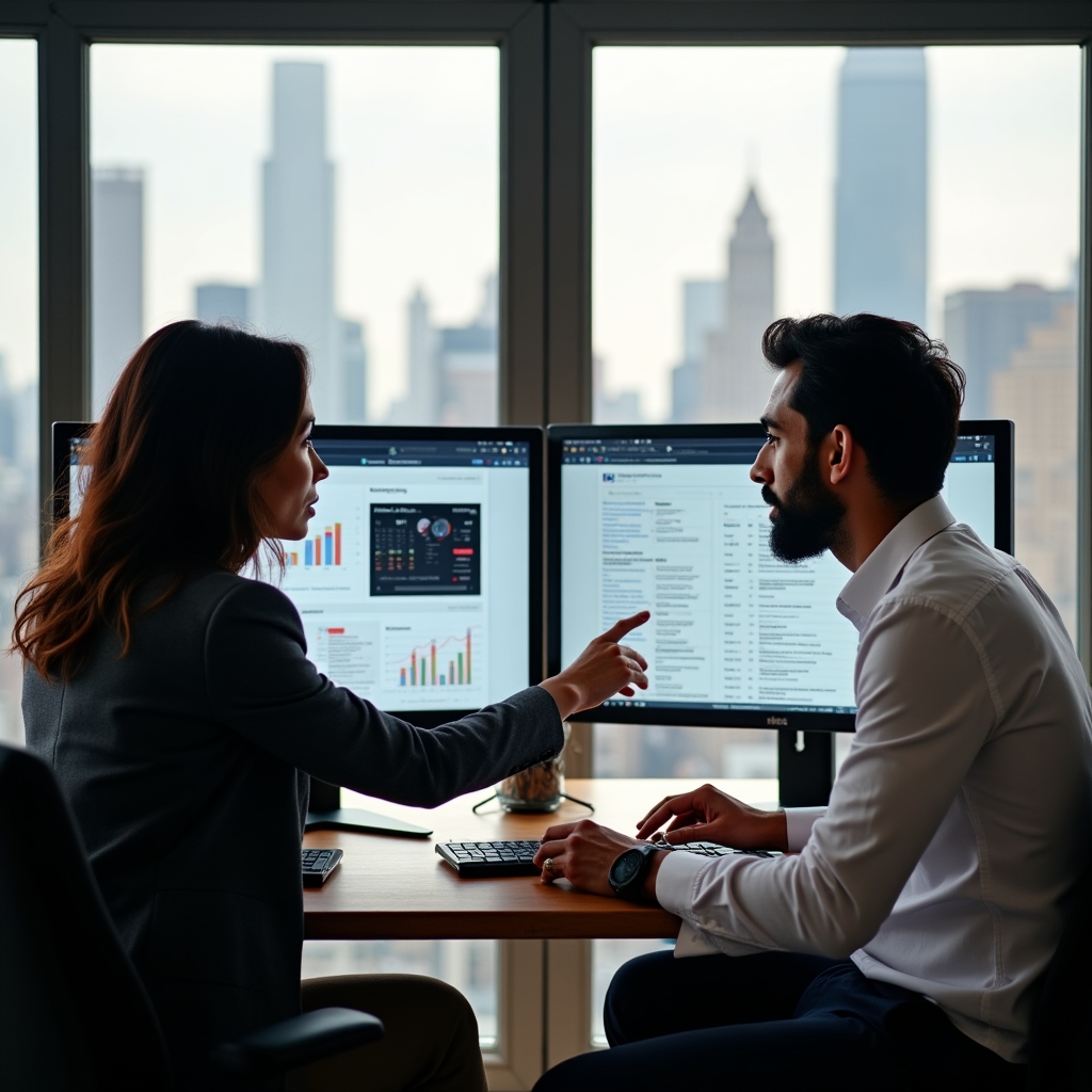 Two content professionals reviewing underperforming content analytics together on dual screens in a modern high-rise office