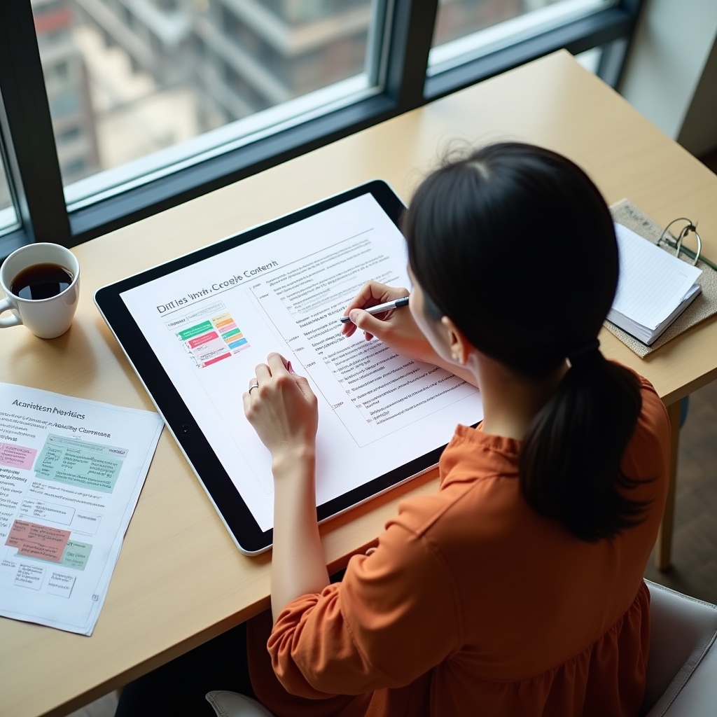 Content writer mapping content structure on a tablet with intent framework notes visible, penthouse office with panoramic windows