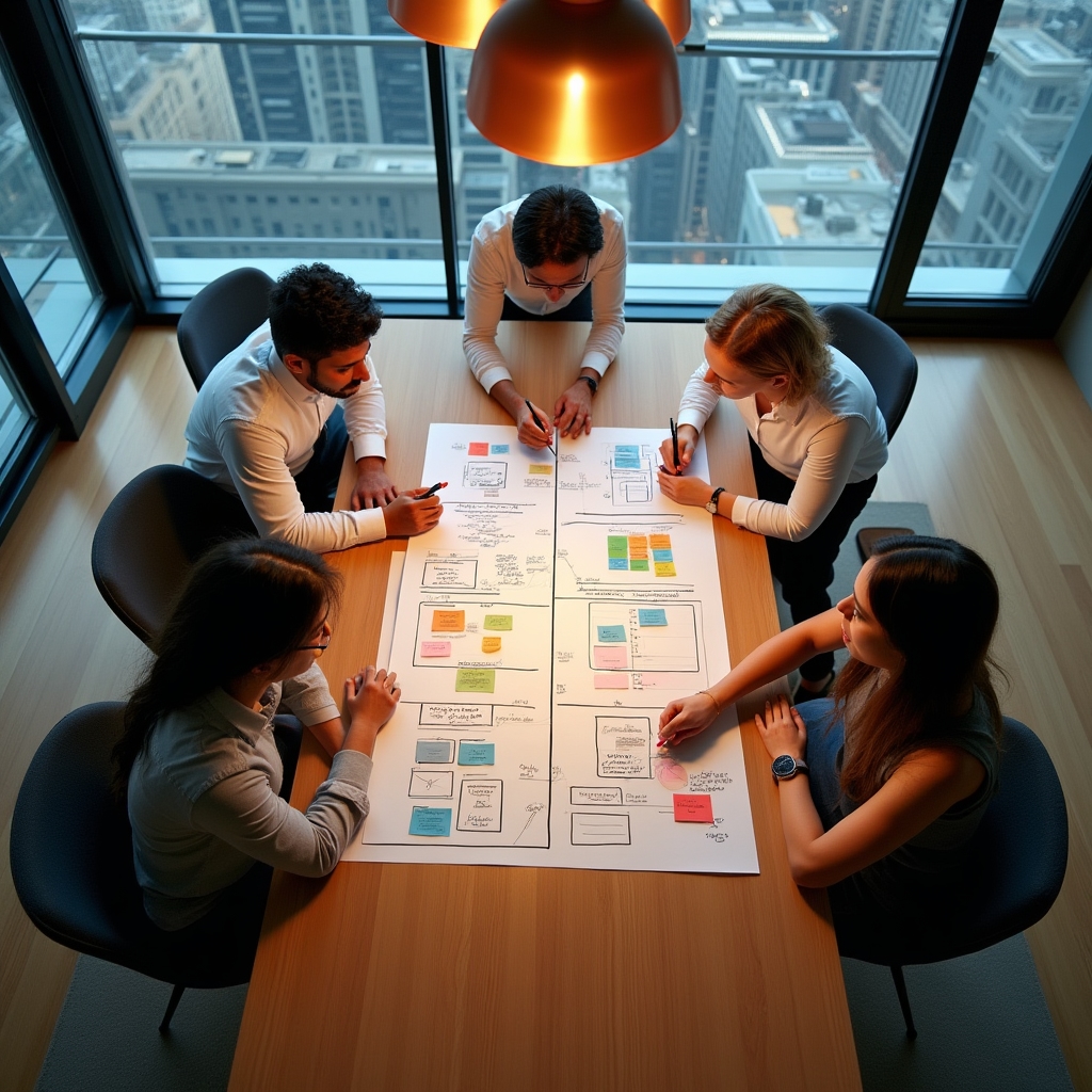 Overhead view of a content strategy planning session with concept maps spread across a large table in a modern office