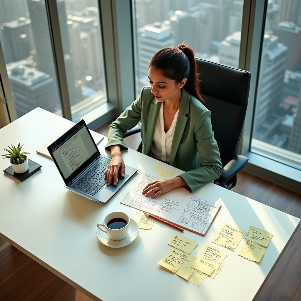 Content writer studying search intent concepts at a modern desk