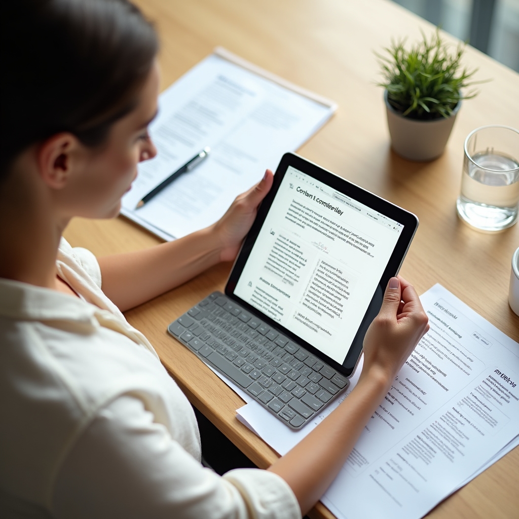 Writer applying search intent principles to a content brief on a tablet in a high-rise office environment
