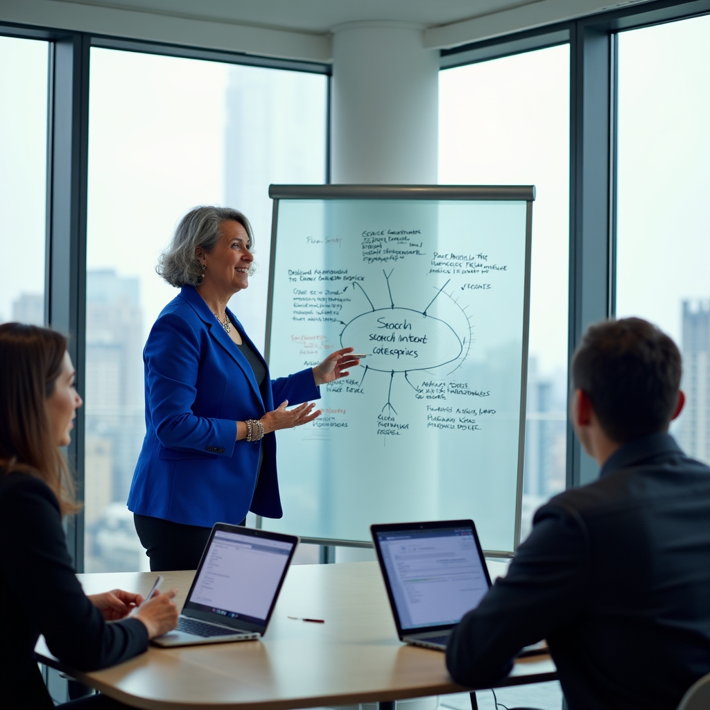 Workshop participants gathered around a whiteboard covered in search intent framework diagrams in a collaborative workspace