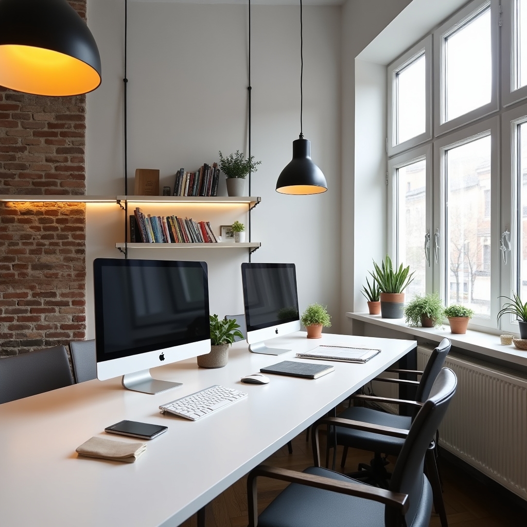Modern content education workspace in central Poznań with large windows, minimalist furniture, and natural light flooding in from street level