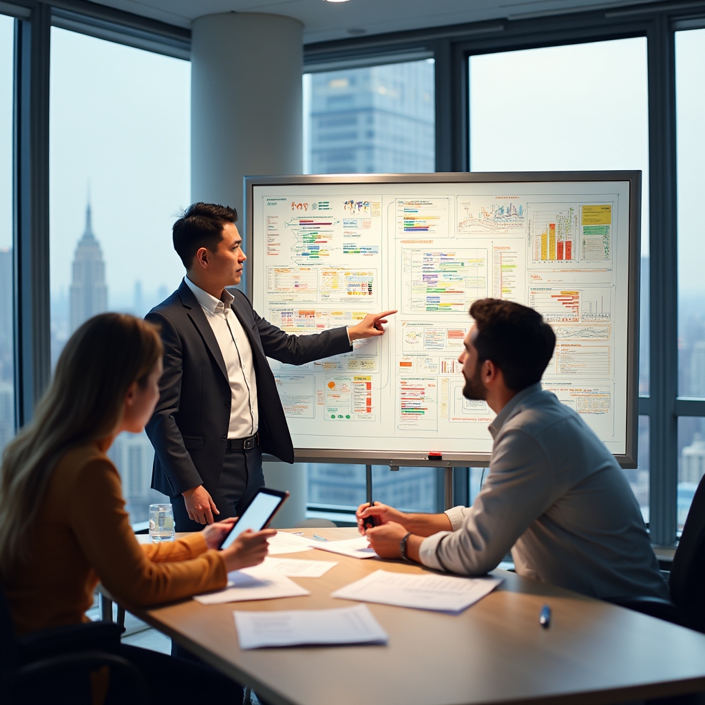 Workshop participant examining search behavior patterns on a large monitor in a collaborative office
