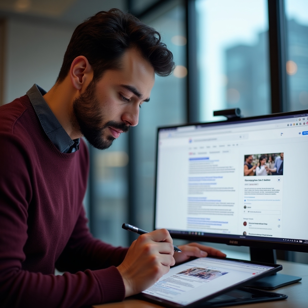 Content strategist reading search engine results pages on dual monitors in a modern workspace with city view
