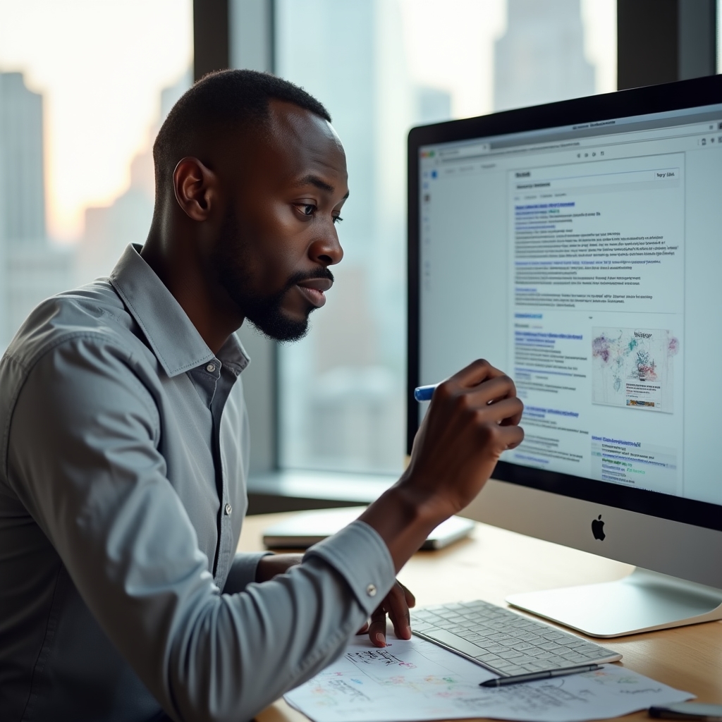 Content writer closely examining search results on a large monitor, taking notes in a bright modern office with city skyline