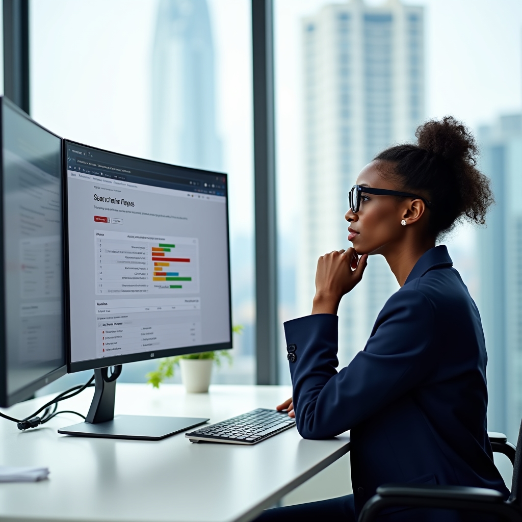 Content creator analyzing search query patterns on a laptop in a bright office