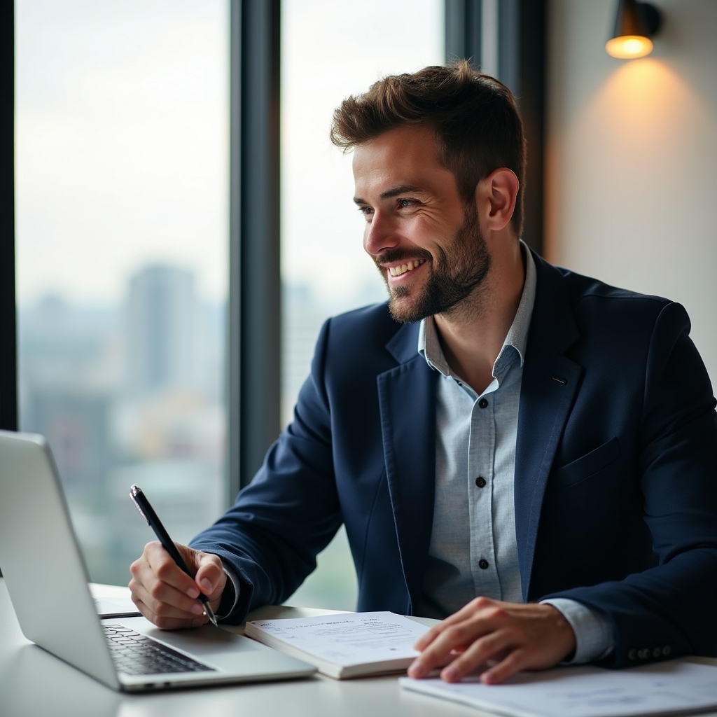 Content writer having a moment of clarity while reviewing search intent notes at a bright desk, looking satisfied and focused