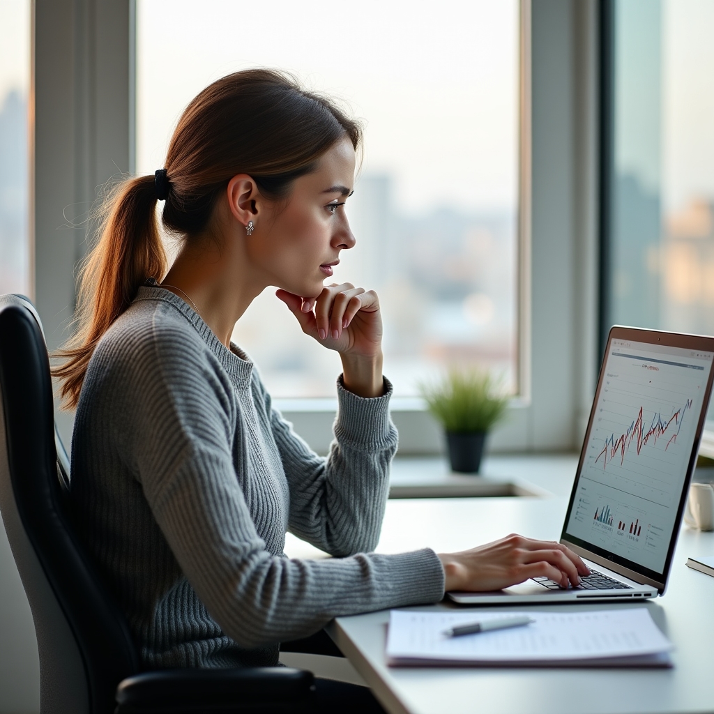 Content writer looking thoughtfully at content analytics data on a screen, in a modern bright office setting
